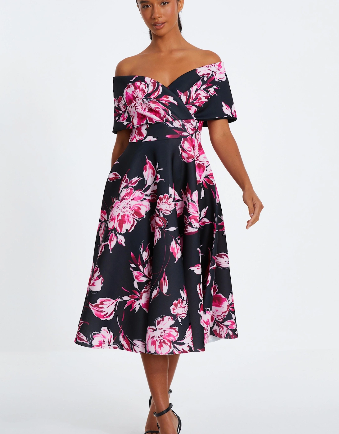 Black Petite Floral Bardot Skater Midi Dress, 2 of 1