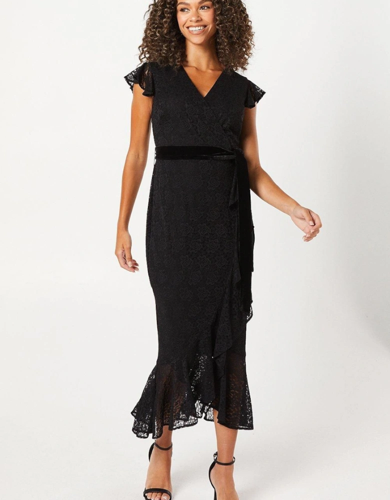 Occasion Lace Ruffle Wrap Velvet Belt Midaxi Dress