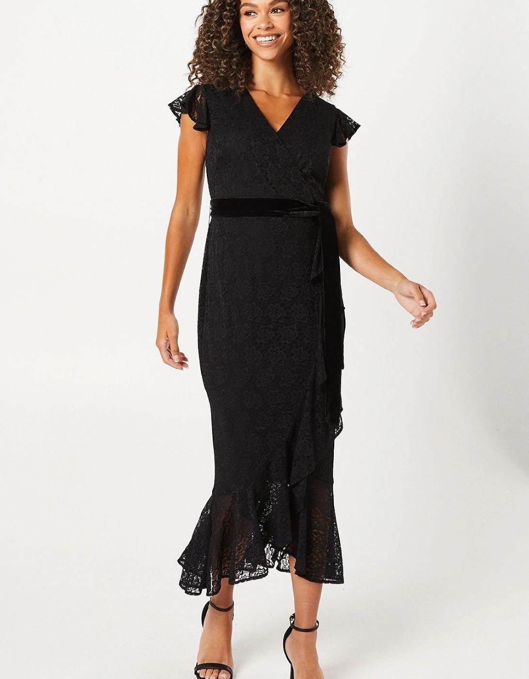 Occasion Lace Ruffle Wrap Velvet Belt Midaxi Dress, 2 of 1