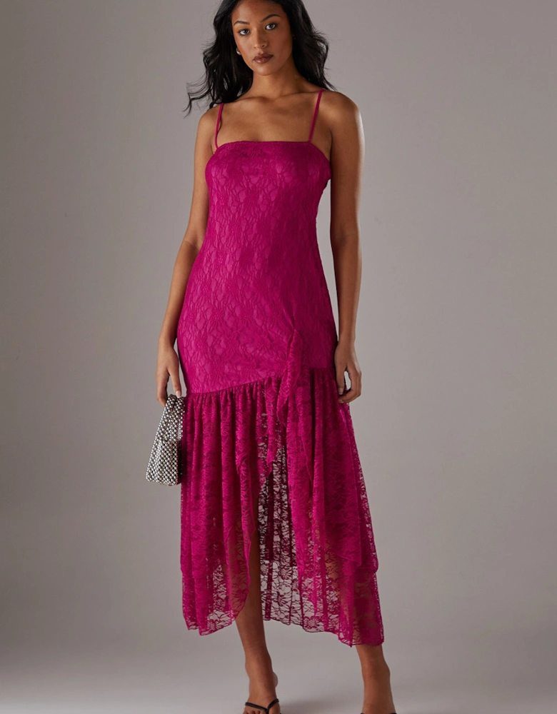 Lace Strappy Drop Waist Ruffle Midi Dress