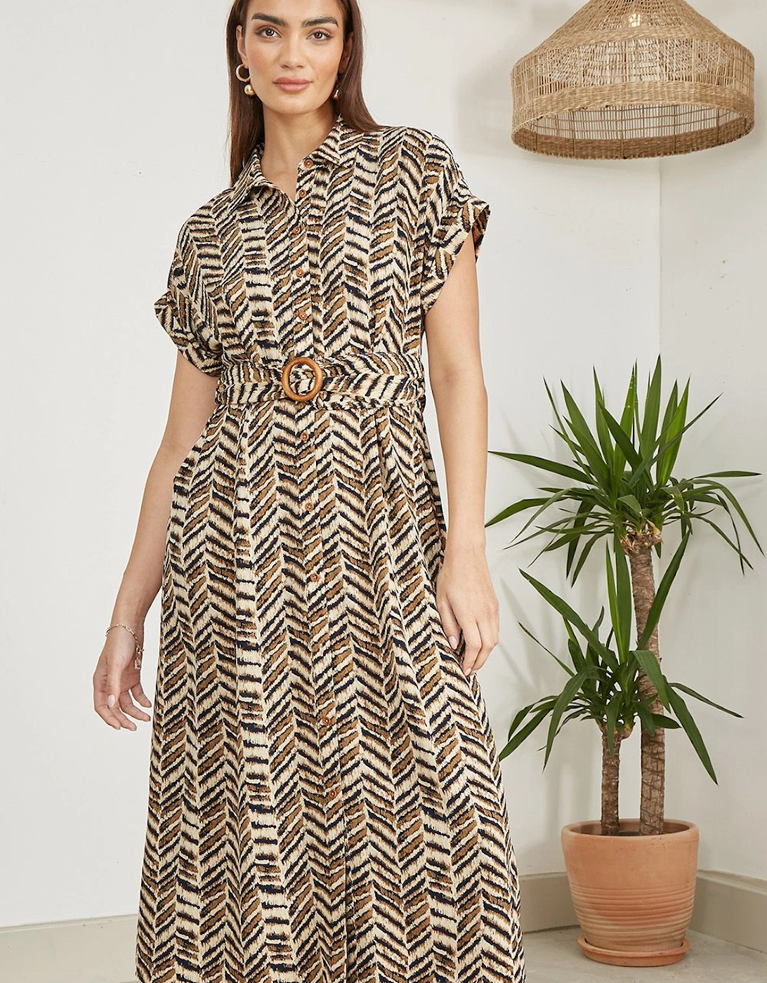 Brown Abstract Animal Print Relaxed Midi Shirt Dress With Belt, 2 of 1