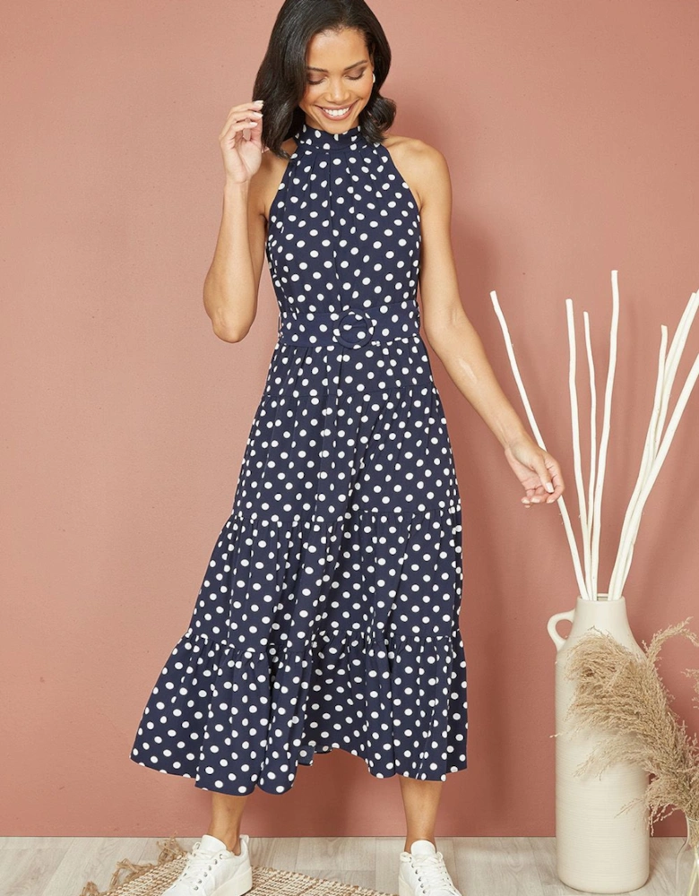 Navy Spot Print Halter Midi Dress With Matching Belt