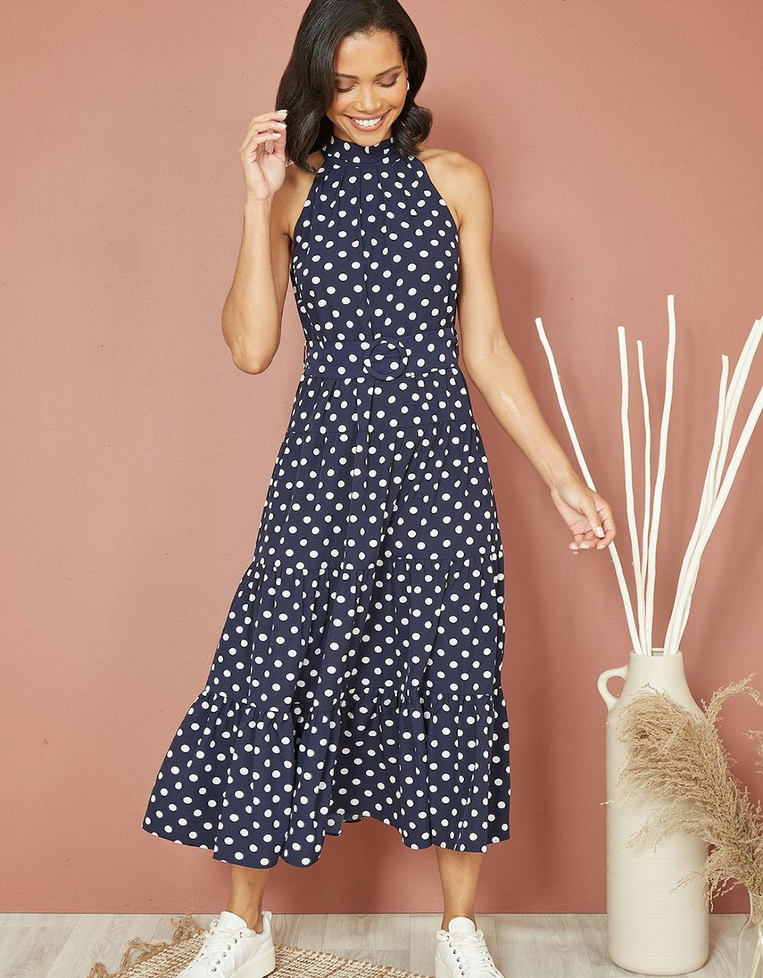 Navy Spot Print Halter Midi Dress With Matching Belt, 2 of 1