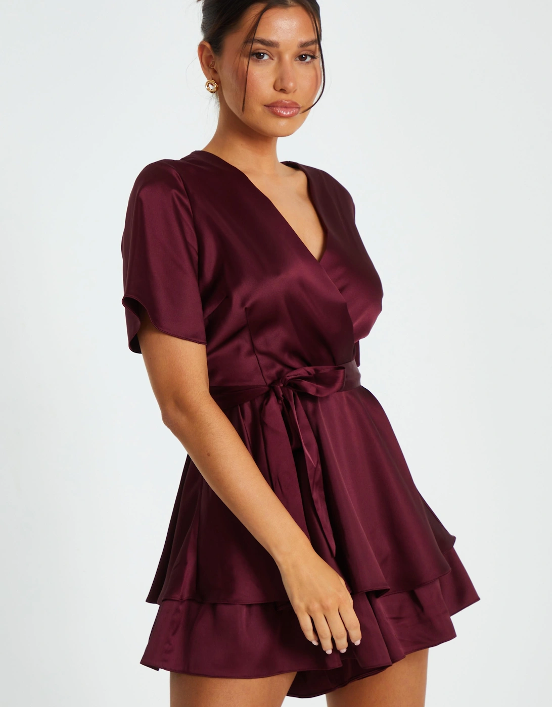 Red Satin Wrap Tiered Playsuit, 2 of 1