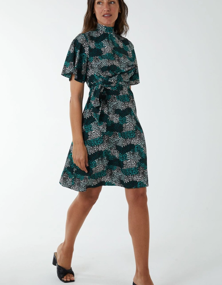 Wrap Front High Neck Dress With Angel Sleeves