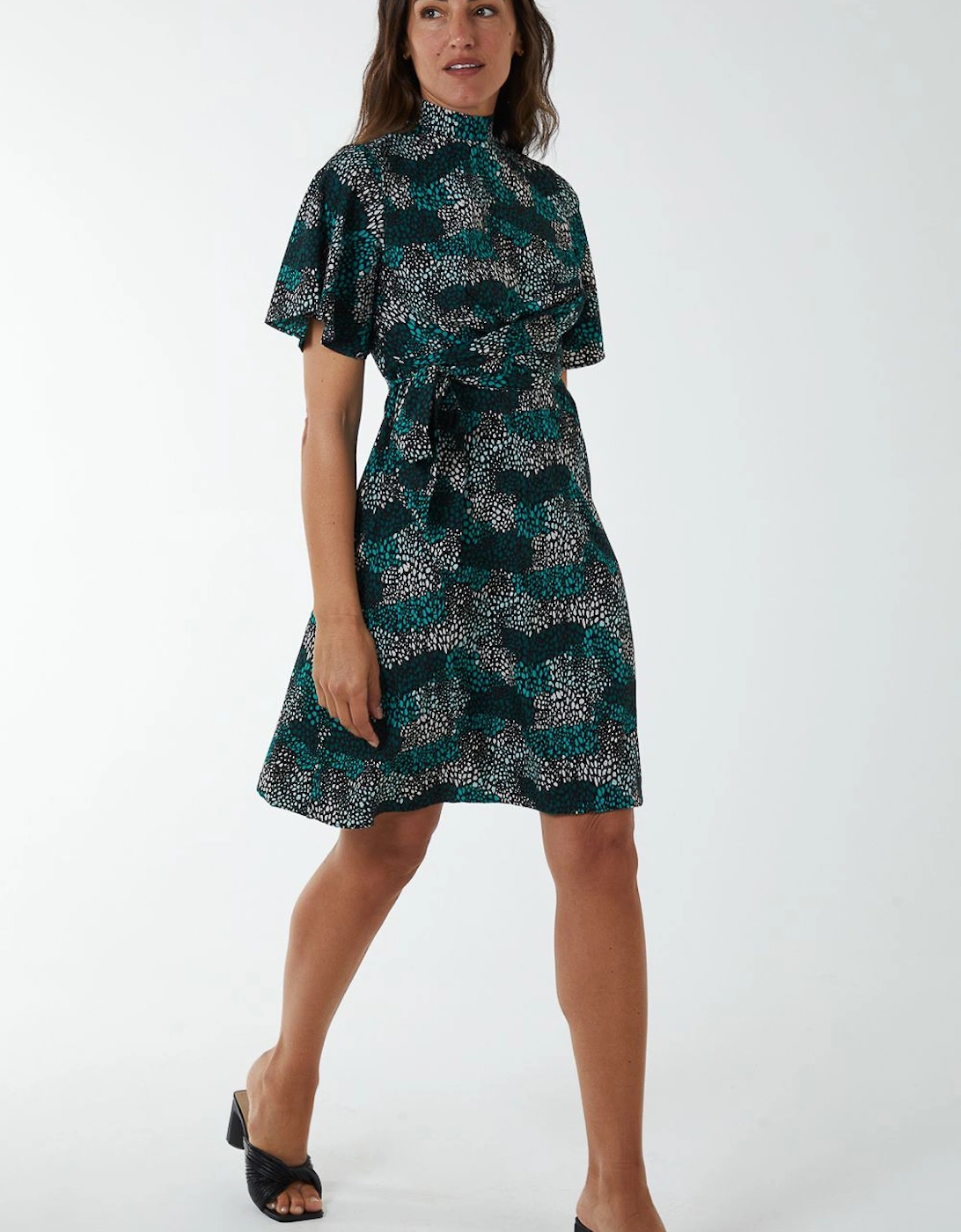 Wrap Front High Neck Dress With Angel Sleeves, 2 of 1
