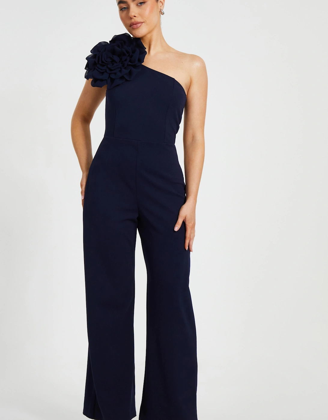 Navy Petite One Shoulder Floral Jumpsuit, 2 of 1