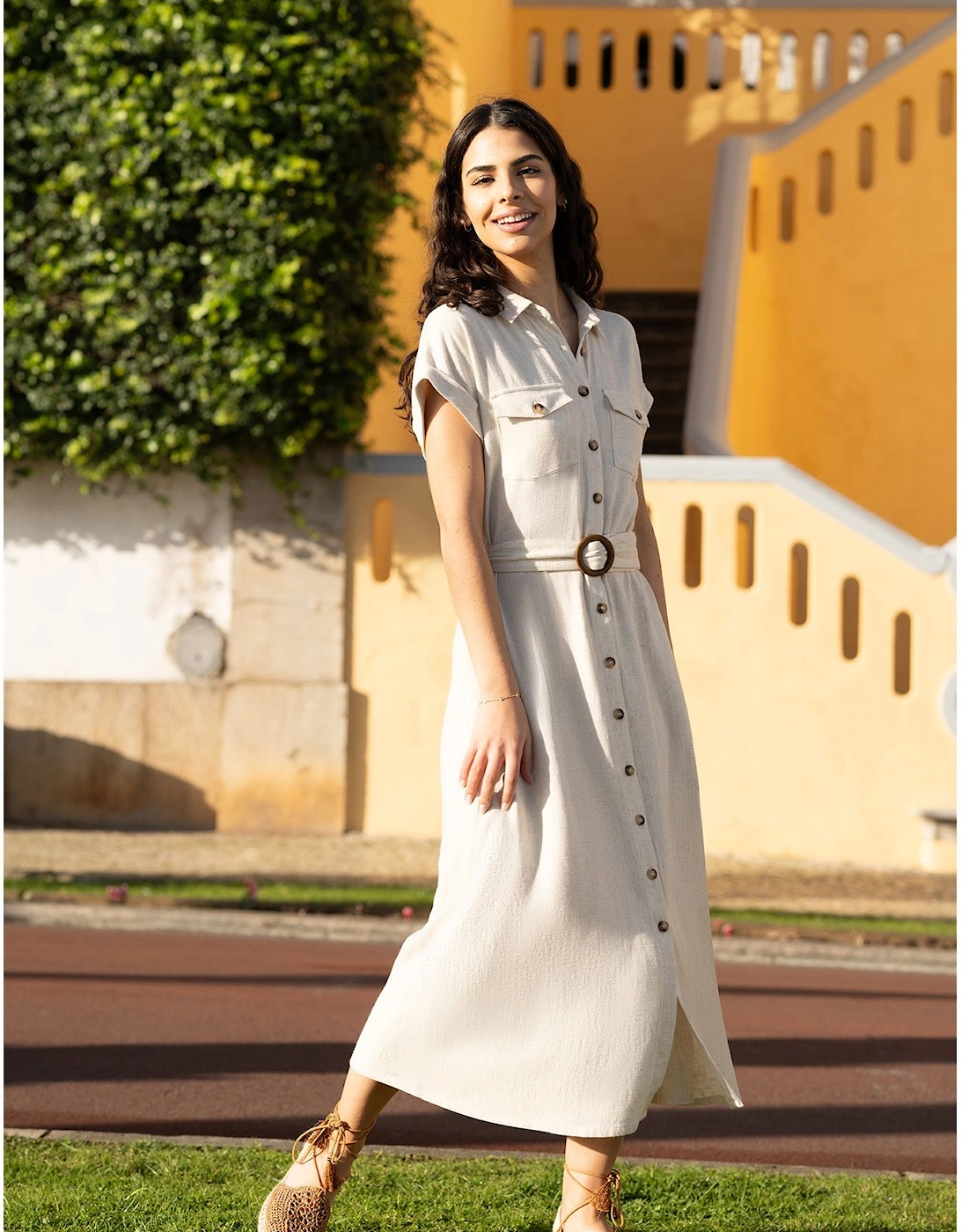 Stone Viscose Linen Look Midi Shirt Dress With Wooden Belt, 2 of 1