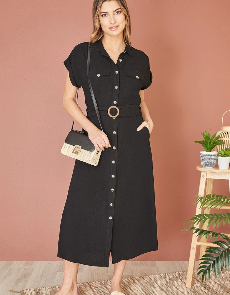 Black Viscose Linen Look Midi Shirt Dress With Wooden Belt