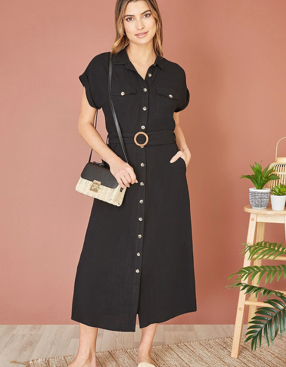 Black Viscose Linen Look Midi Shirt Dress With Wooden Belt, 2 of 1