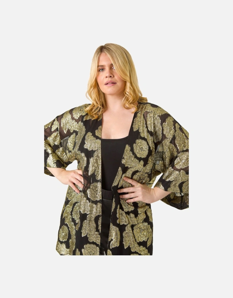Curve Floral Foil Print Kimono