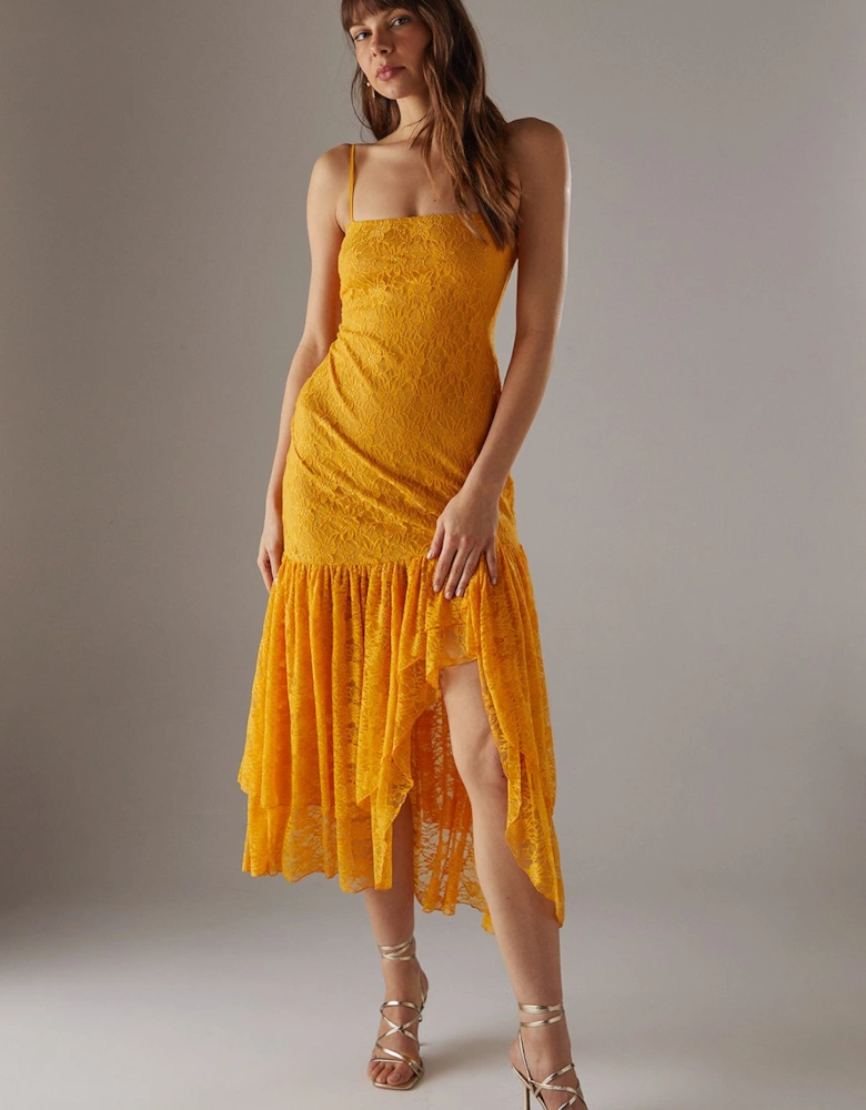 Lace Strappy Drop Waist Ruffle Midi Dress