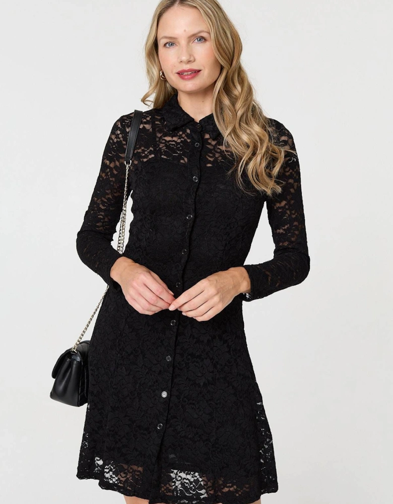 Lace Layer Long Sleeve Mini Shirt Dress