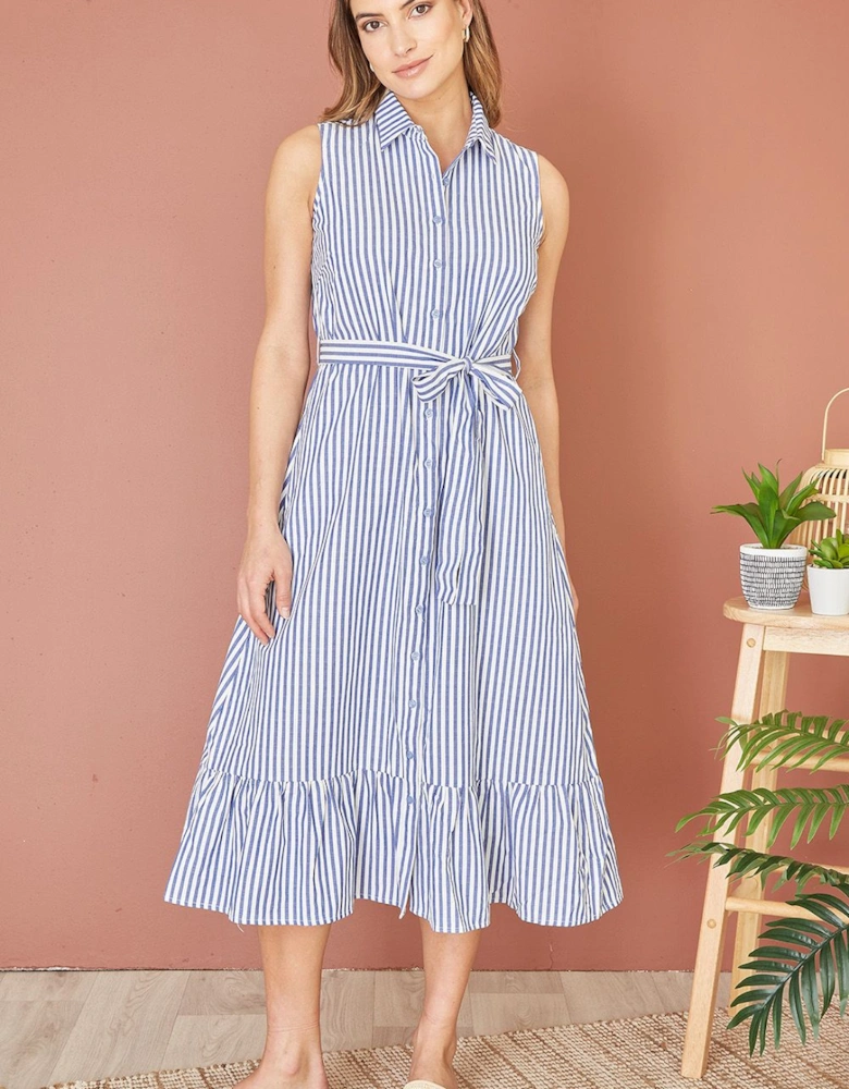 Blue Striped Sleeveless Midi Shirt Dress