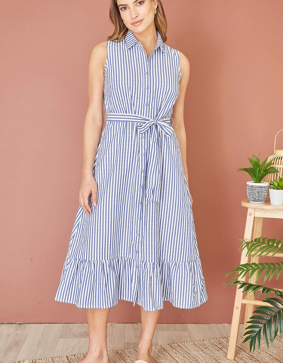 Blue Striped Sleeveless Midi Shirt Dress, 2 of 1