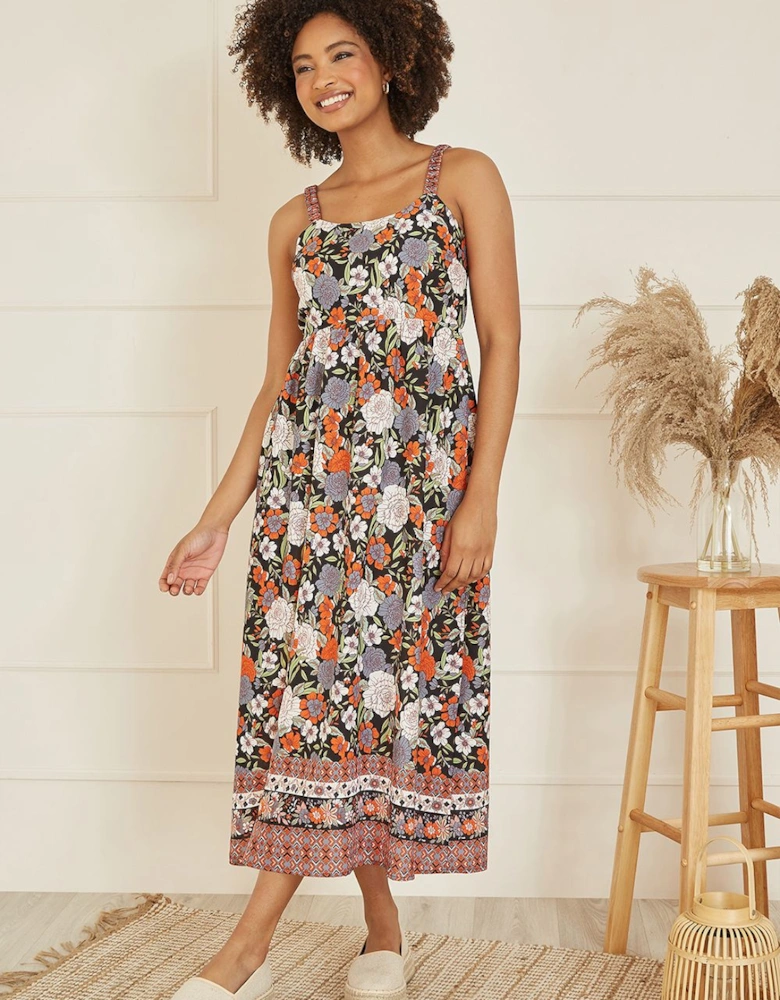 Multicolour Retro Floral Print Midi Sun Dress With Border Hem