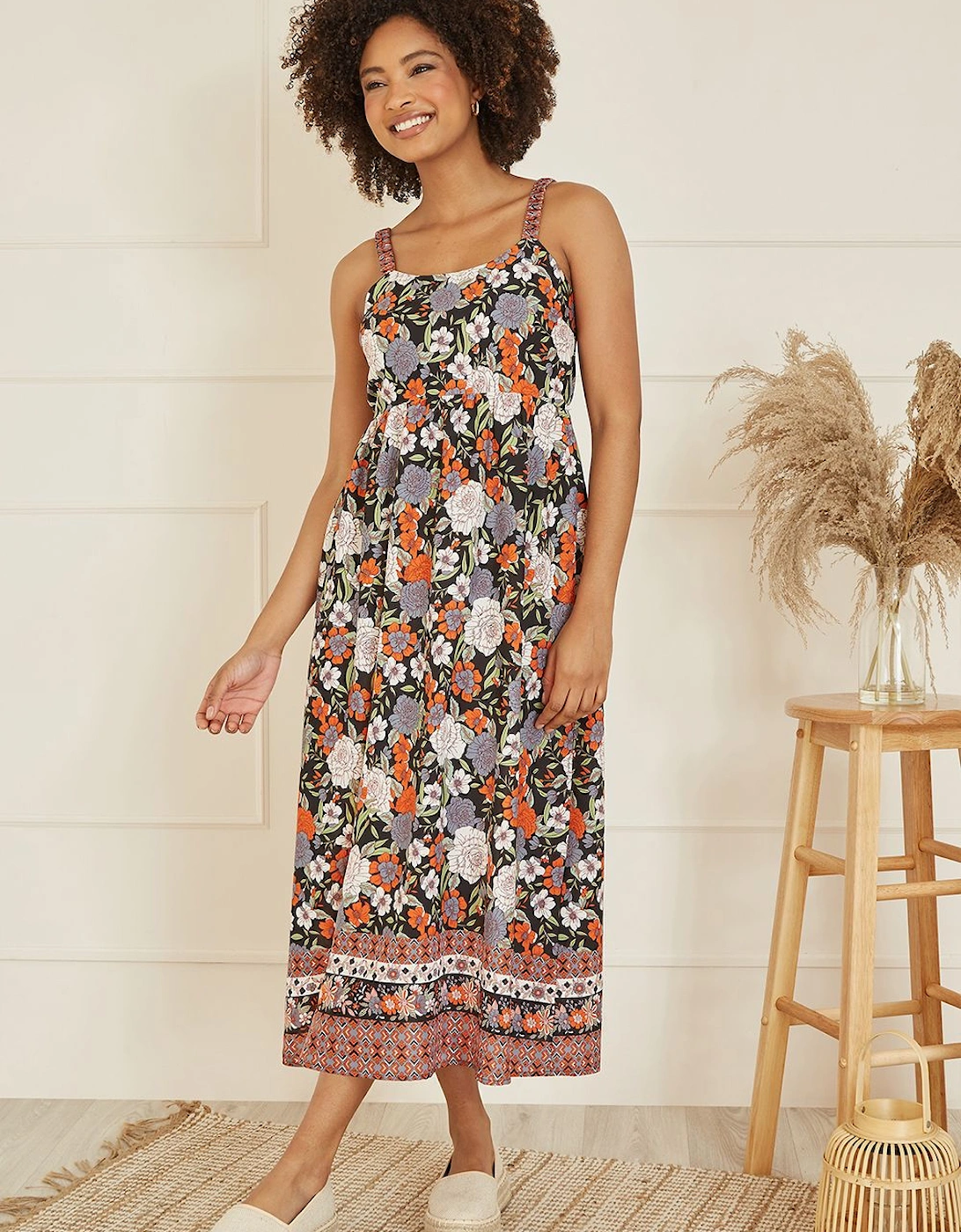 Multicolour Retro Floral Print Midi Sun Dress With Border Hem, 2 of 1