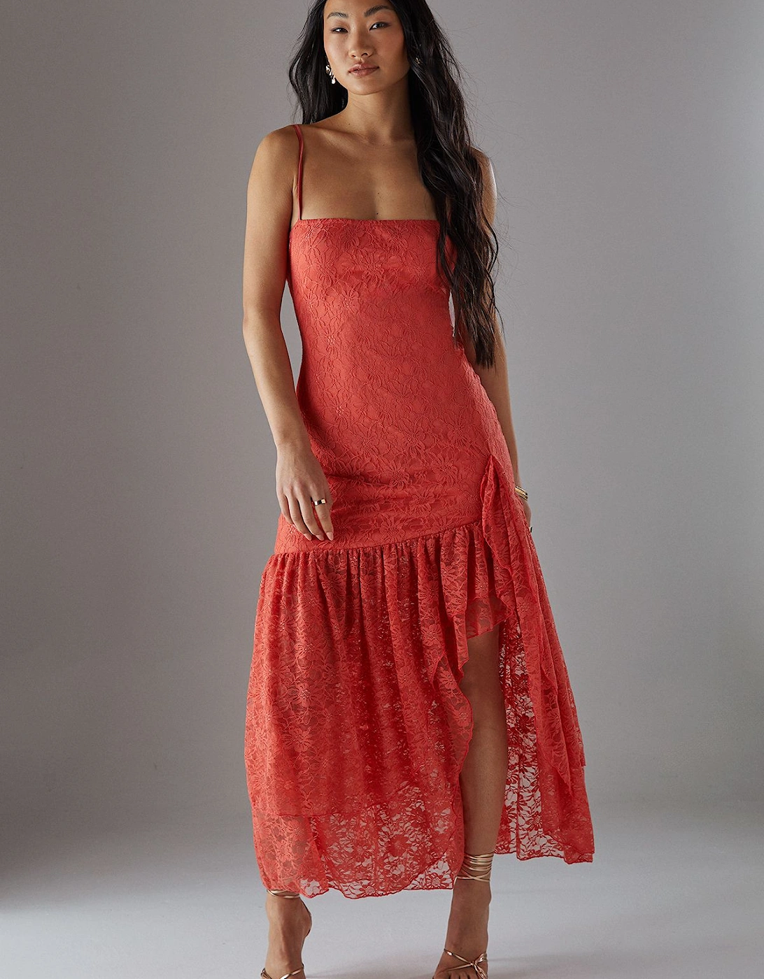 Petite Lace Strappy Drop Waist Ruffle Midi Dress, 2 of 1
