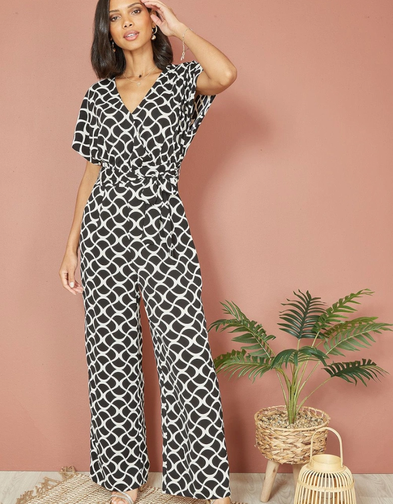 Black Geometric Print Wrap Jumpsuit