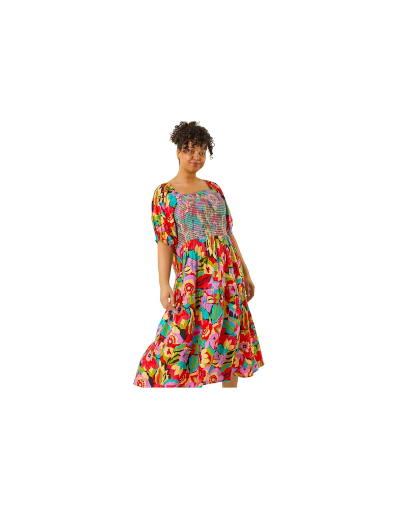 Curve Floral Shirred Midi Dress