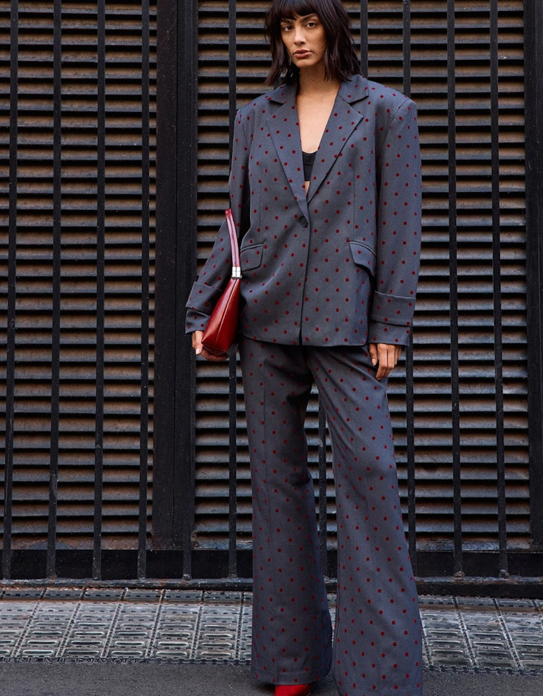 Burgundy Velvet Spot High Waist Deep Waistband Trouser Co-Ord