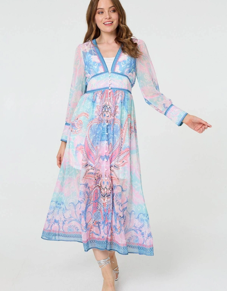 Border Print Layered Empire Midi Dress