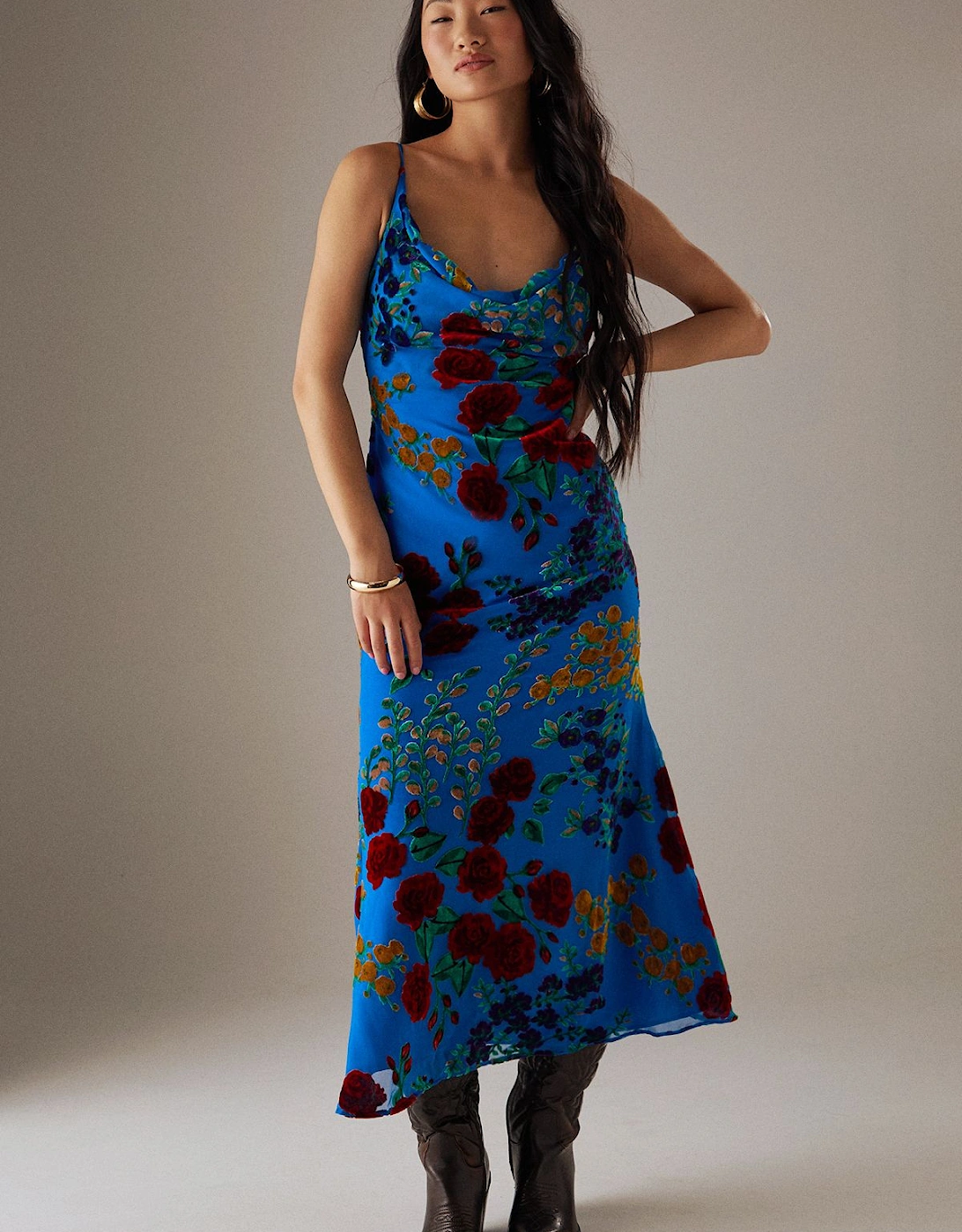 Petite Premium Burnout Cowl Neck Strappy Midi Slip Dress, 2 of 1