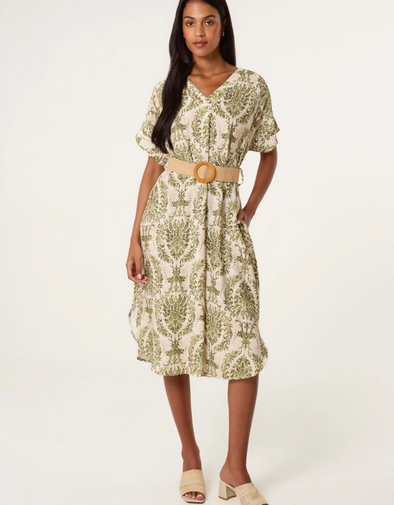 Khaki Printed V Neck Dress With Woven Belt