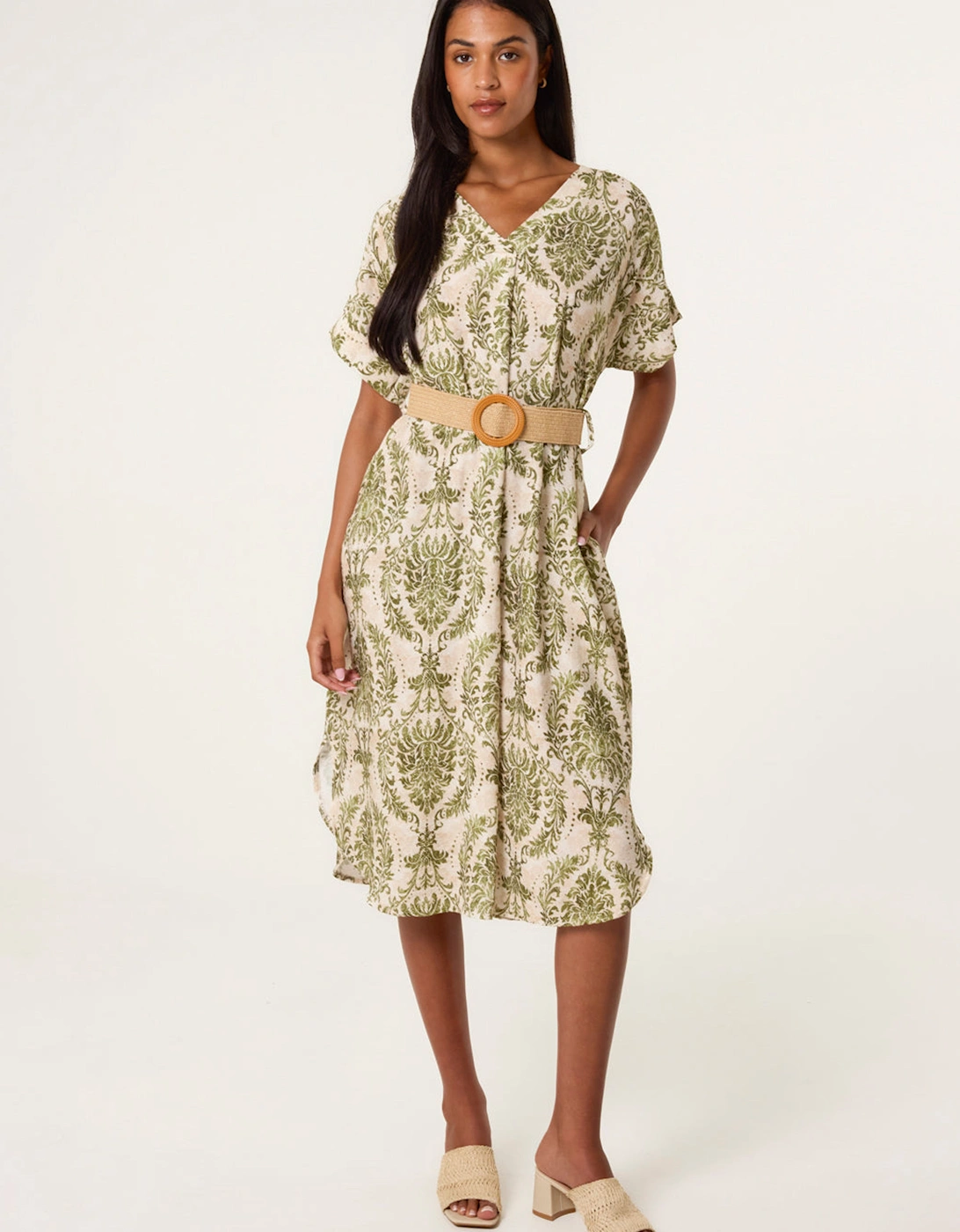 Khaki Printed V Neck Dress With Woven Belt, 2 of 1