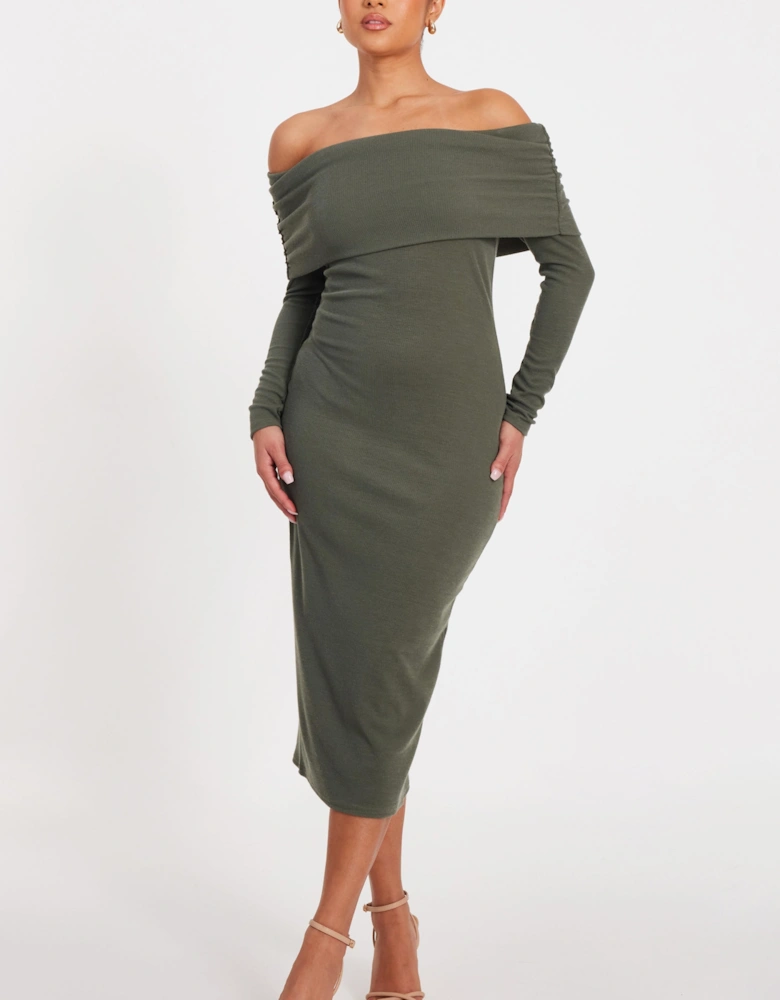 Khaki Petite Ribbed Bardot Midi Dress