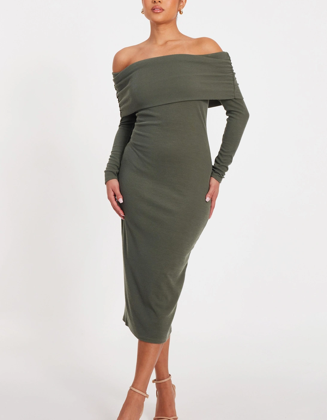 Khaki Petite Ribbed Bardot Midi Dress, 2 of 1