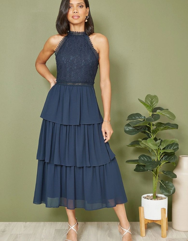 Navy Lace Halter Neck Midi Dress With Tiered Hem