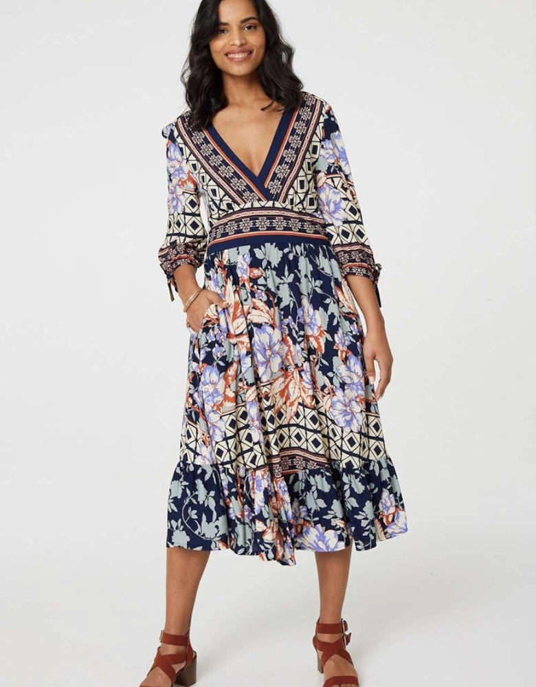 Floral Border Print V-Neck Midi Dress