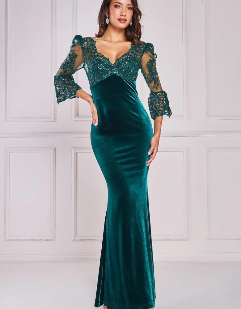 Scalloped Lace & Velvet Maxi Dress