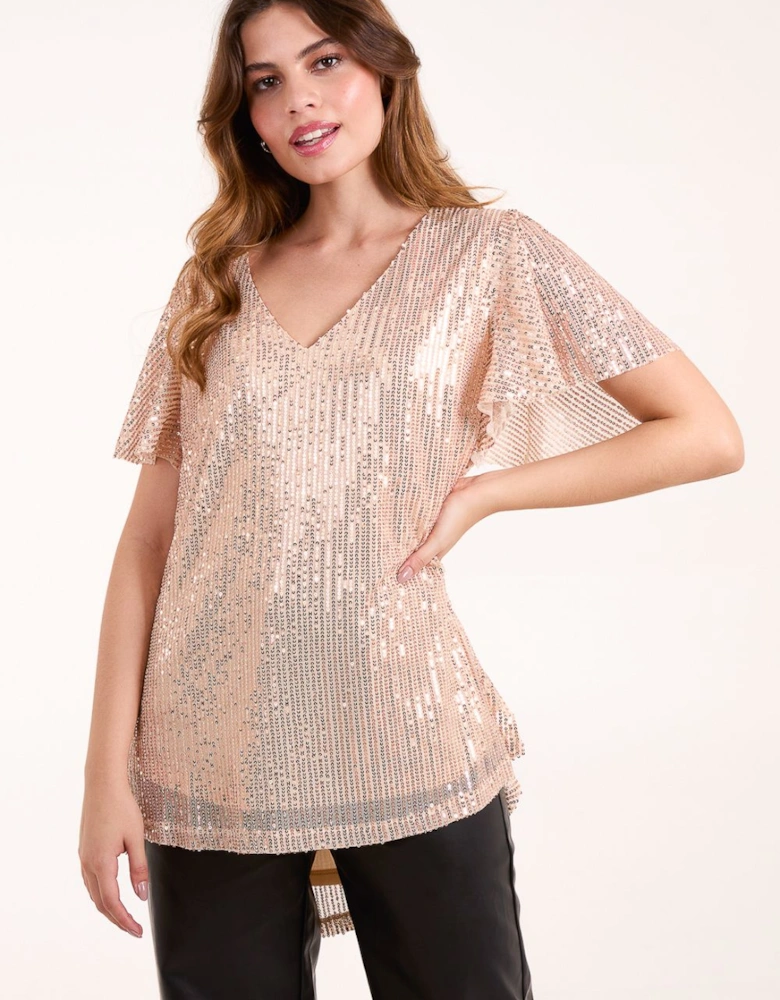 Angel Sleeve V Neck Sequin Top