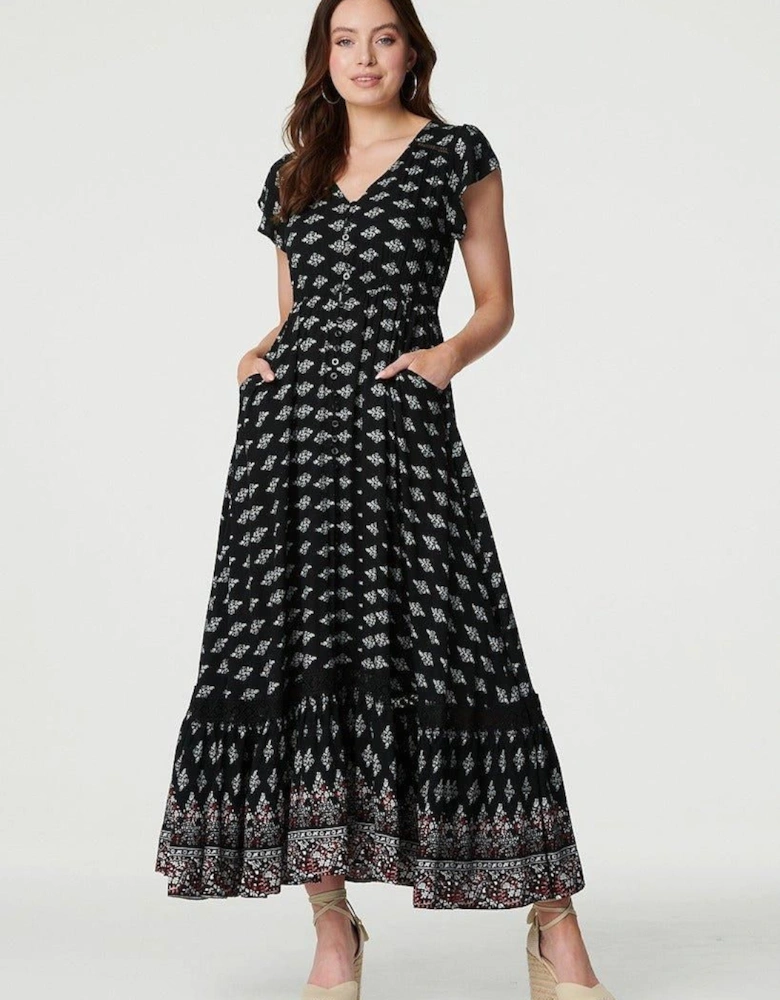 Printed V-Neck Lace Hem Maxi Dress