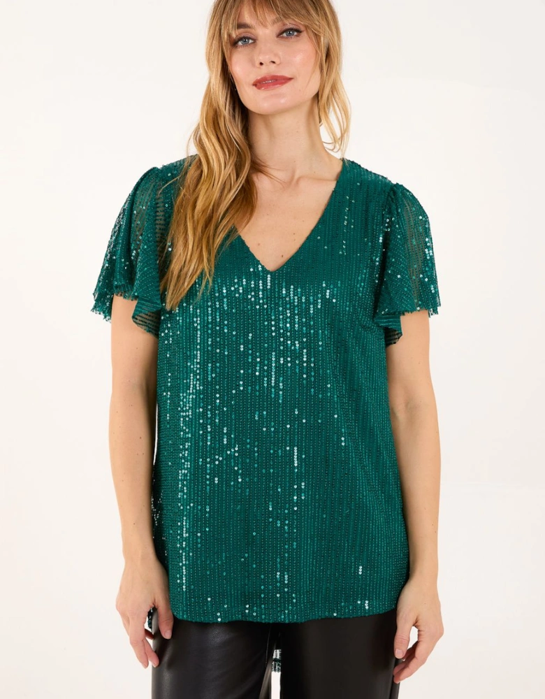 Angel Sleeve V Neck Sequin Top