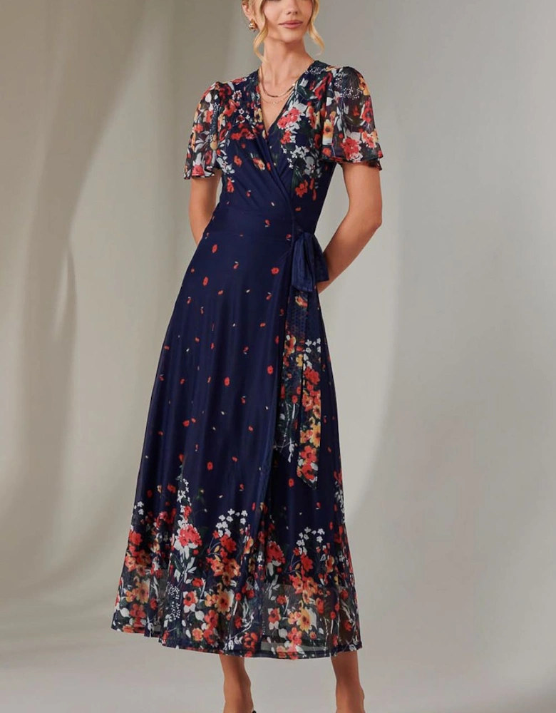 Mirror Print Mesh Wrap Maxi Dress
