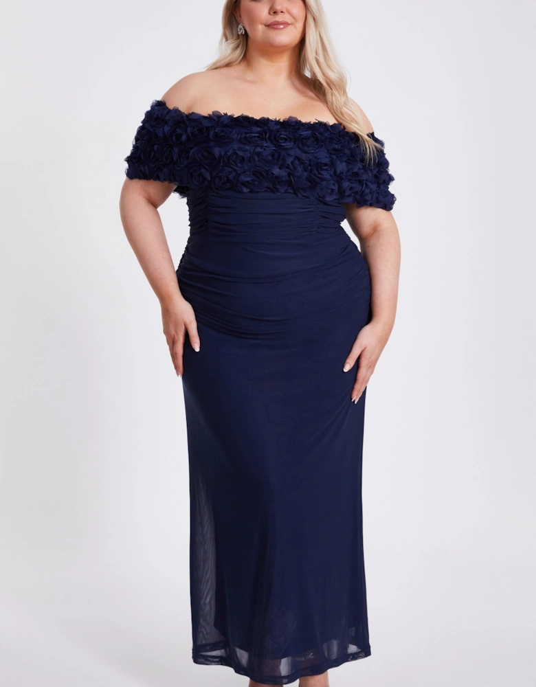 Navy Curve Mesh Bardot Midaxi Dress