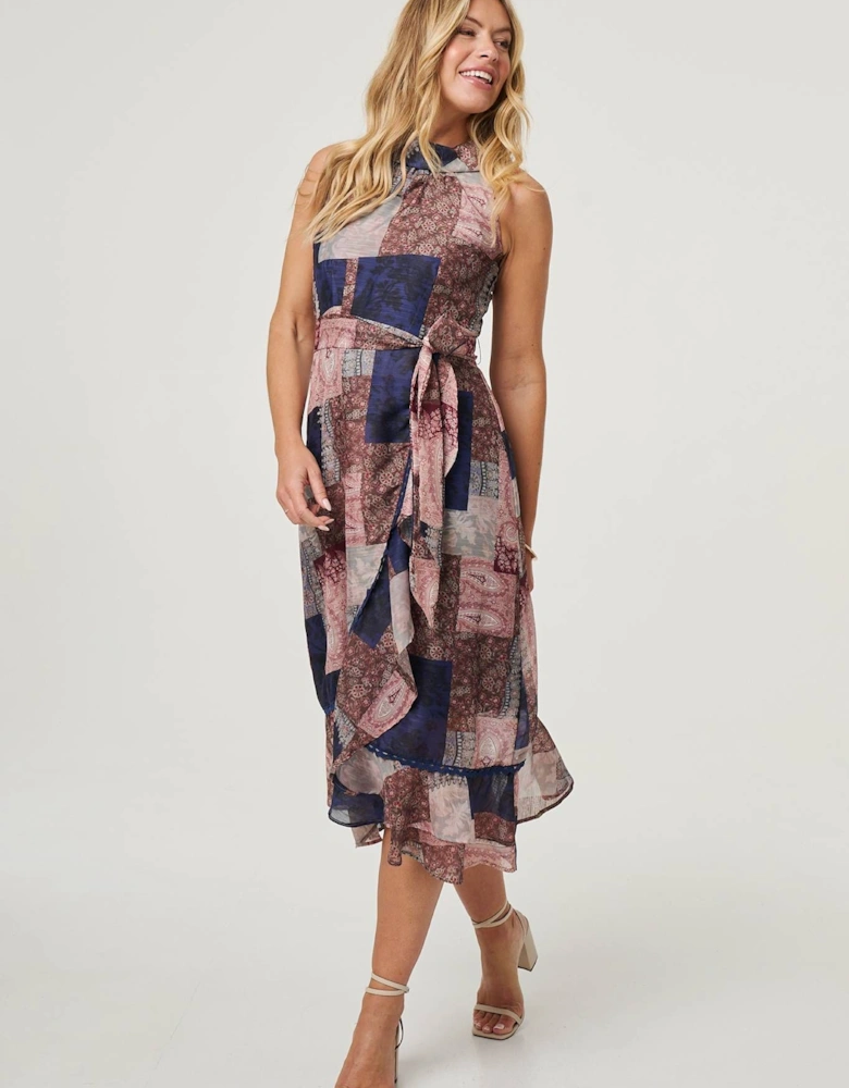 Patchwork Sleeveless Midi Wrap Dress