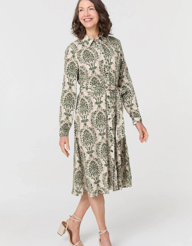 Baroque Print Tie Waist Midi Shirt Dress