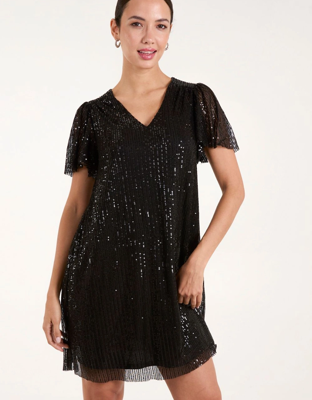 Long Sleeved Sequin Flutter Sleeve Dress, 2 of 1