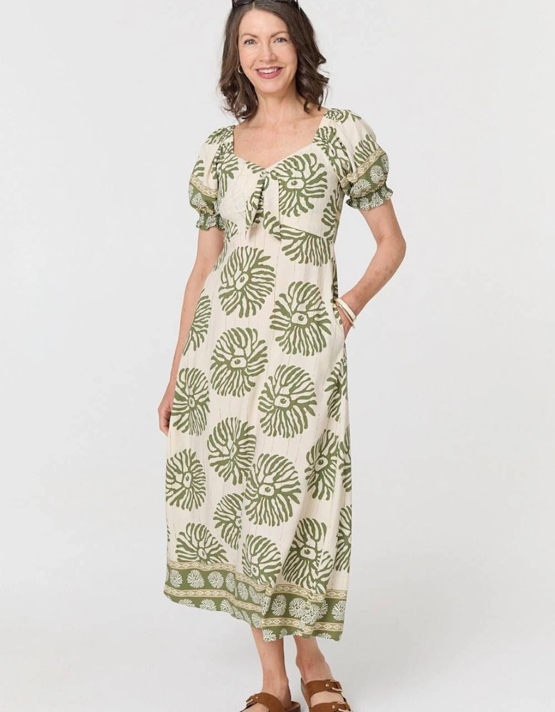 Printed Tie Front A-Line Midi Dress