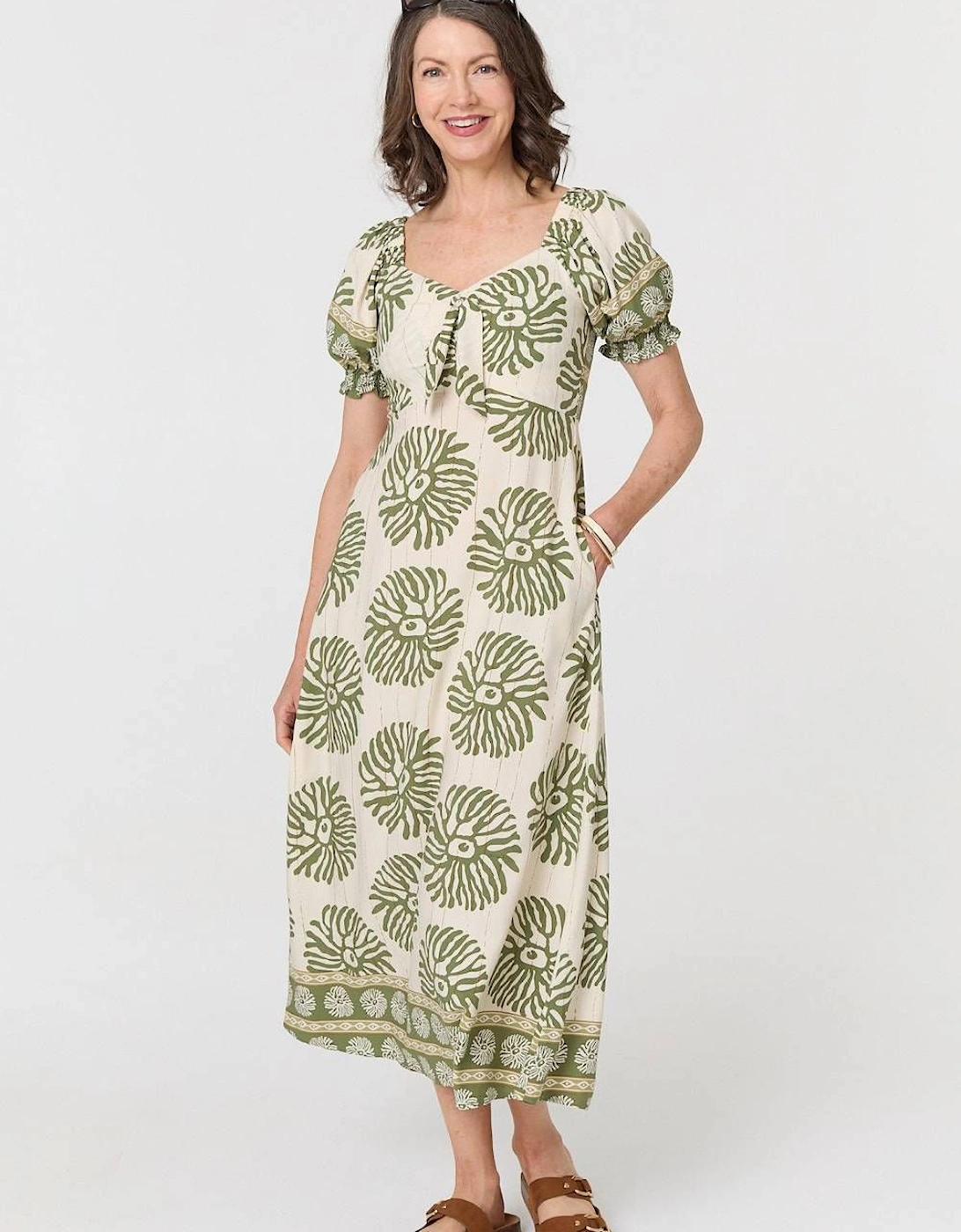 Printed Tie Front A-Line Midi Dress, 2 of 1