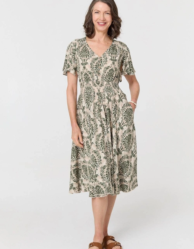 Printed Smocked Short Sleeve Midi Dress