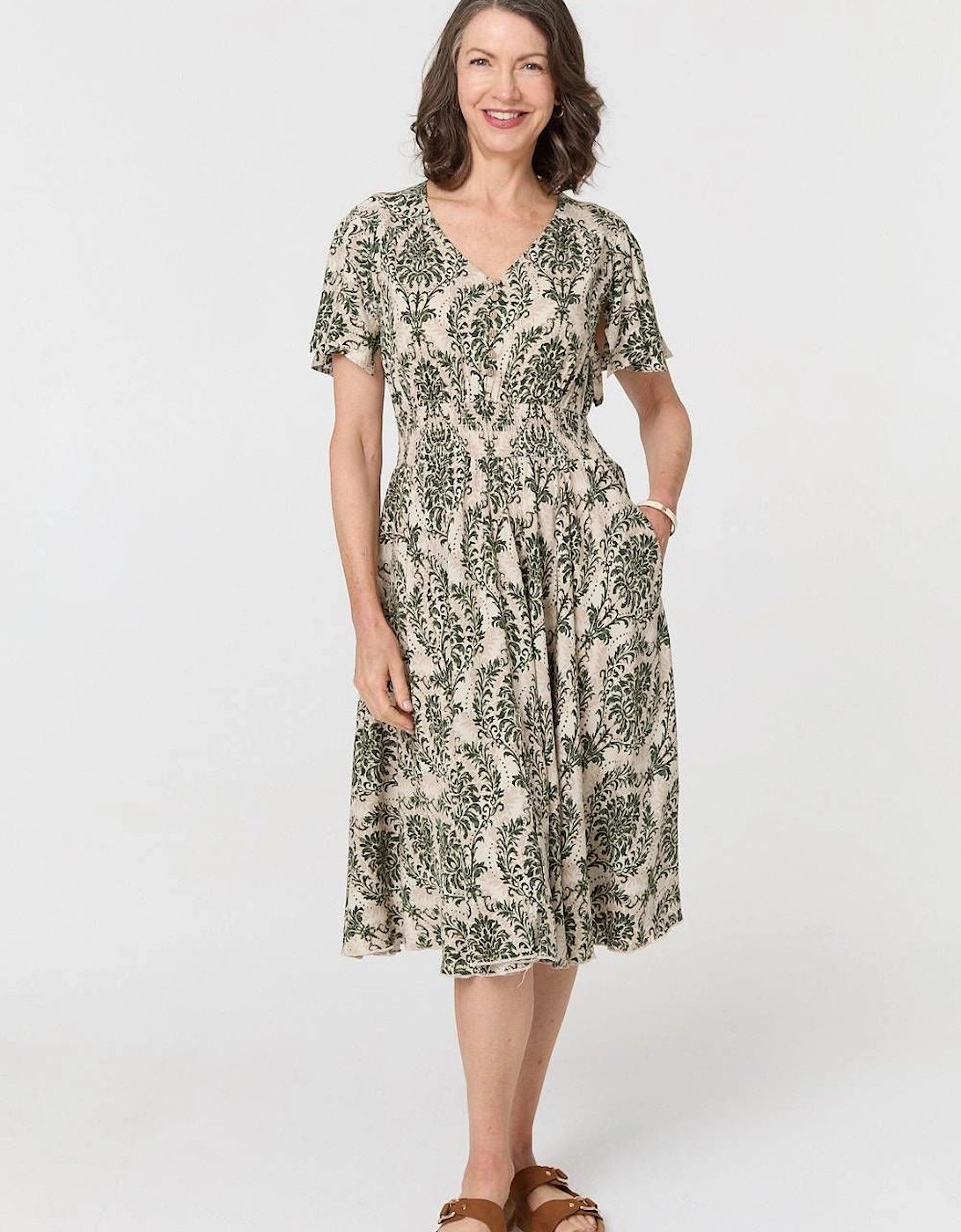 Printed Smocked Short Sleeve Midi Dress, 2 of 1