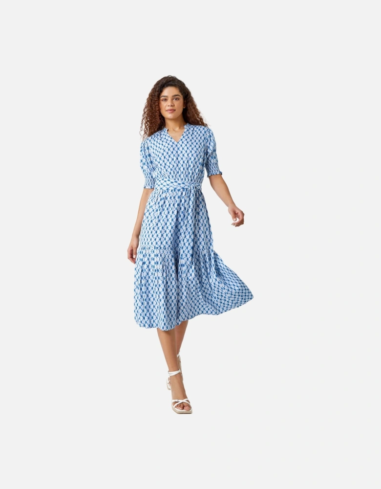 Geometric Tiered Belted Midi Dress