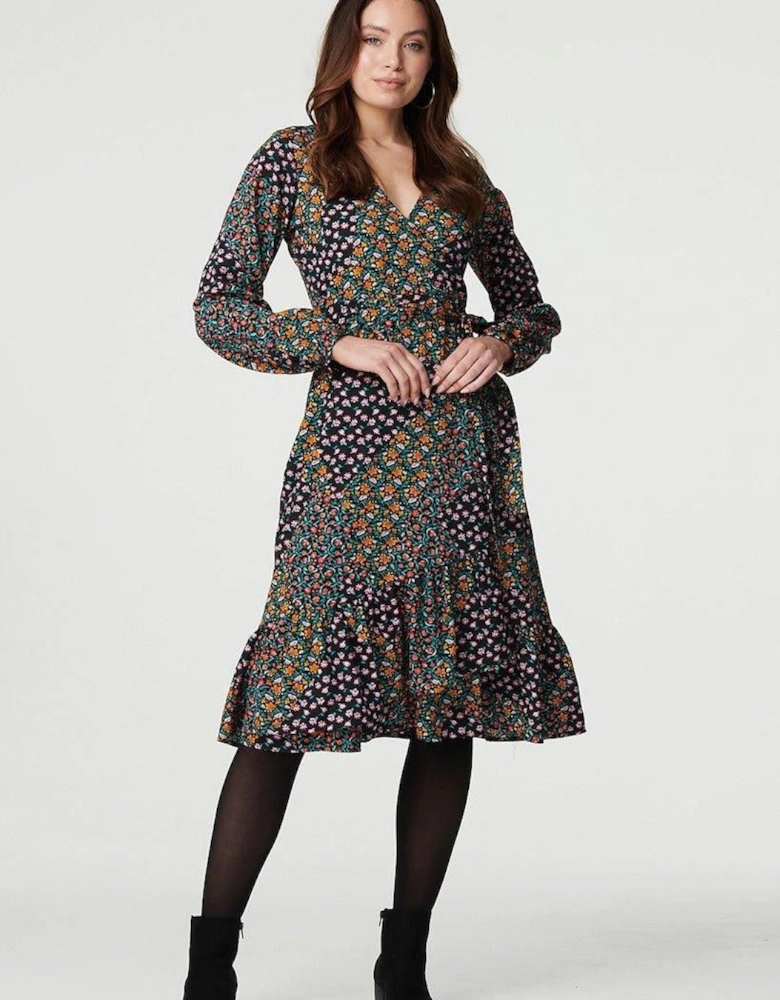 Patchwork Print Ruffled Wrap Dress