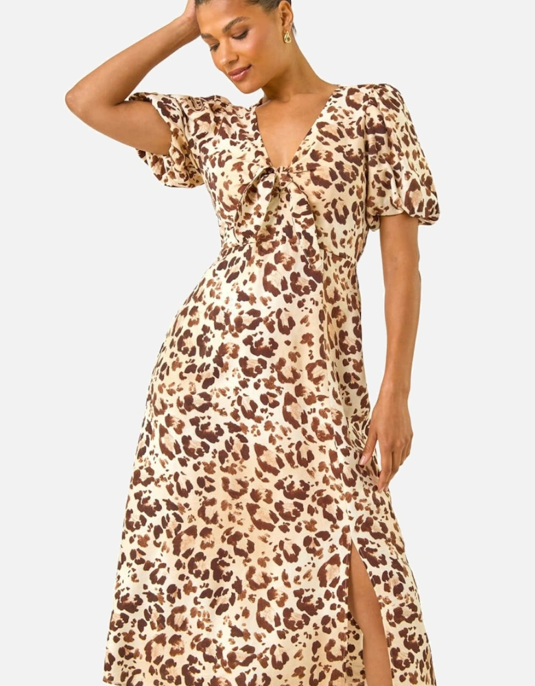 Animal Print Tie Front Midi Dress
