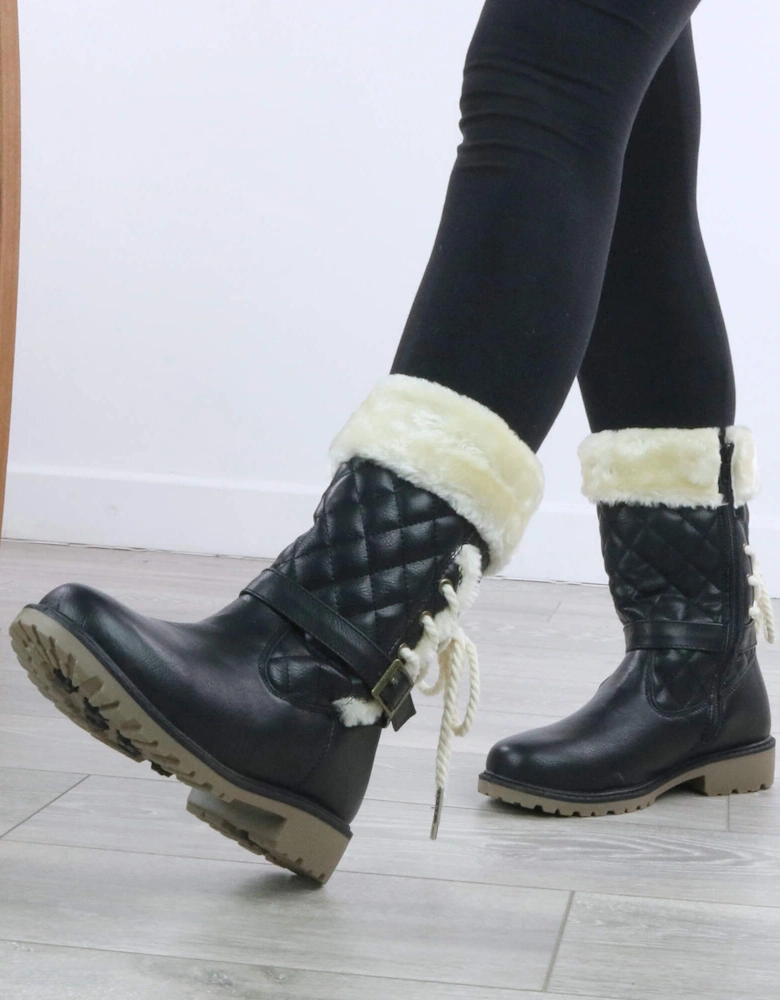 Low  Heel Faux Fur Lined Winter Mid  Calf Boots